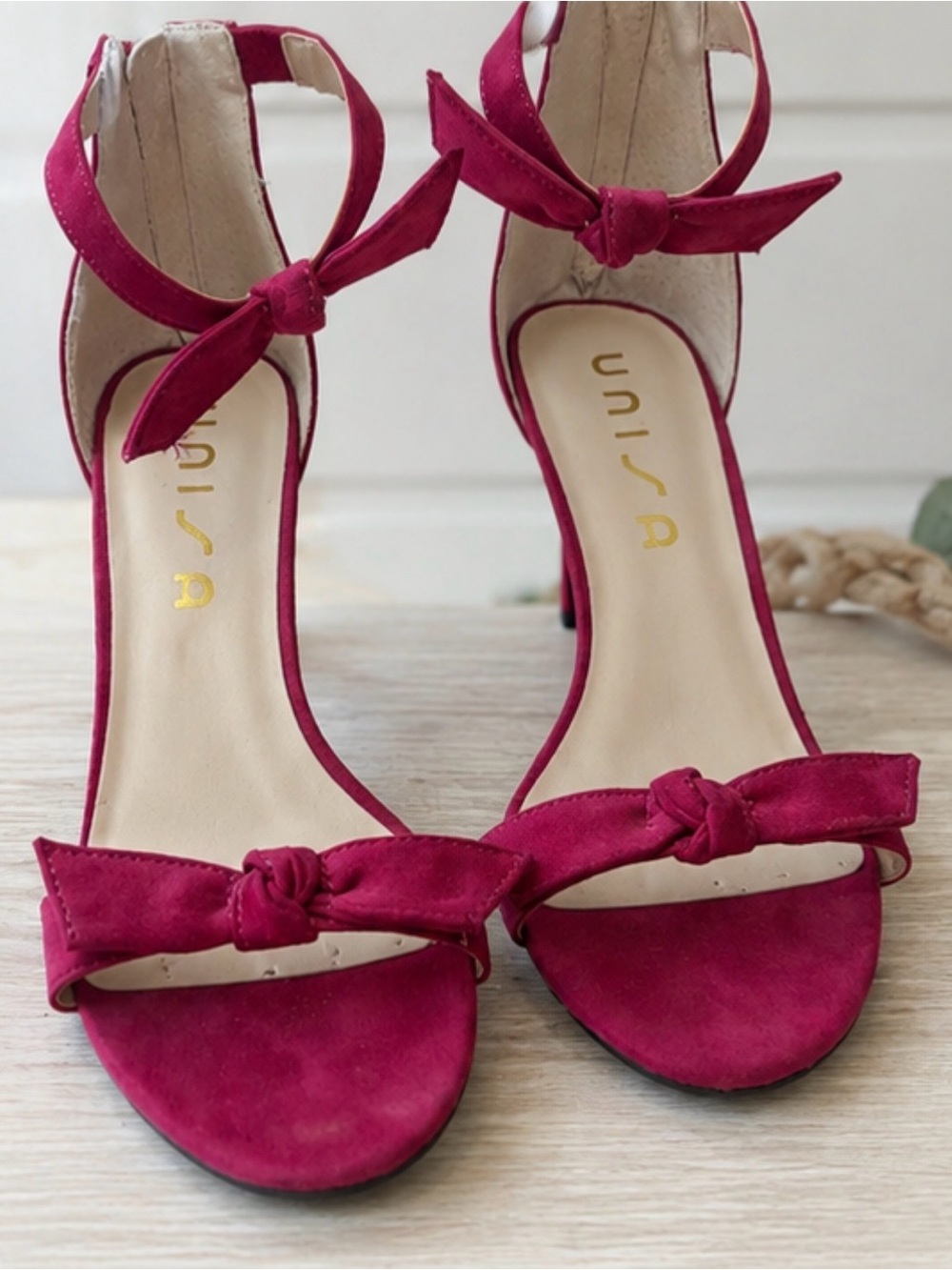 UNISA Red Suede Bow Ankle Strap Heels